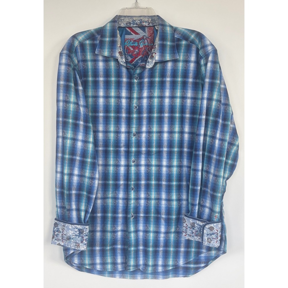 Robert‎ Graham Mens Blue Plaid Paisley Long Sleeve Button Down Shirt Classic Fit
